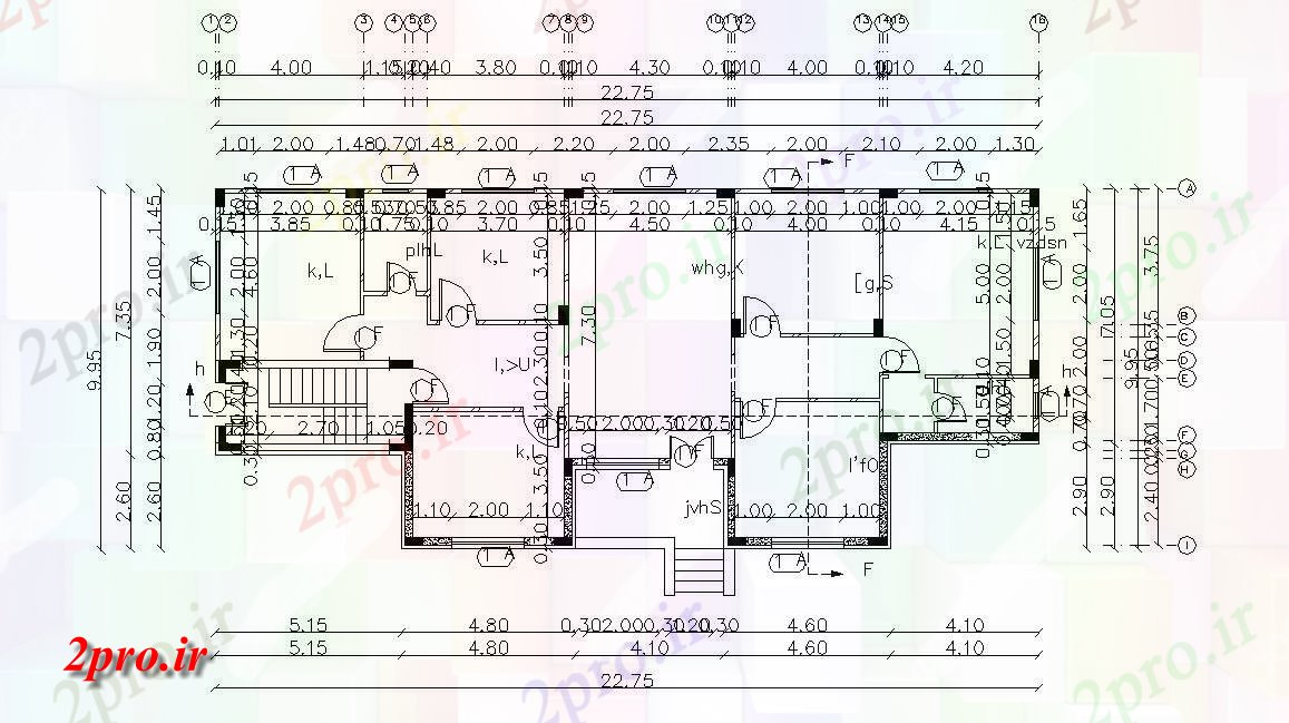 دانلود نقشه خانه های کوچک ، نگهبانی ، سازمانی - X 75 خانه (250 میدان متری) 9 در 22 متر (کد156003)