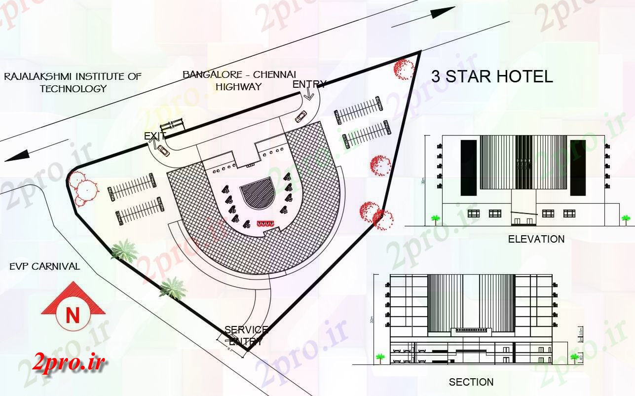 دانلود نقشه هتل - رستوران - اقامتگاه ستاره خانه طراحی پروژه 54 در 65 متر (کد156023)