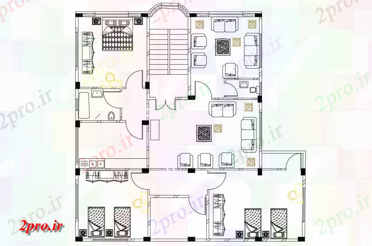 دانلود نقشه خانه های کوچک ، نگهبانی ، سازمانی - BHK خانه مبلمان طراحی 13 در 13 متر (کد156083)