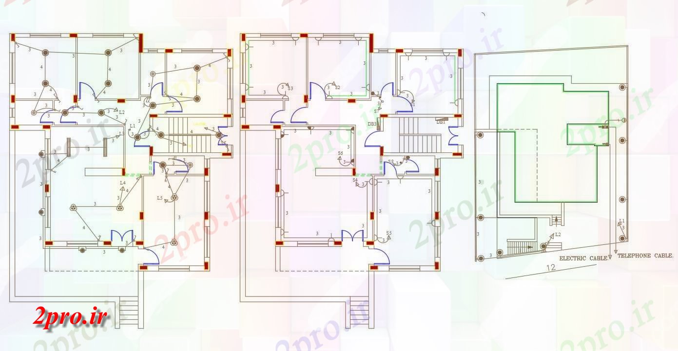 دانلود نقشه برق مسکونی فوت مربع خانه چیدمان برق طراحی 14 در 15 متر (کد156133)