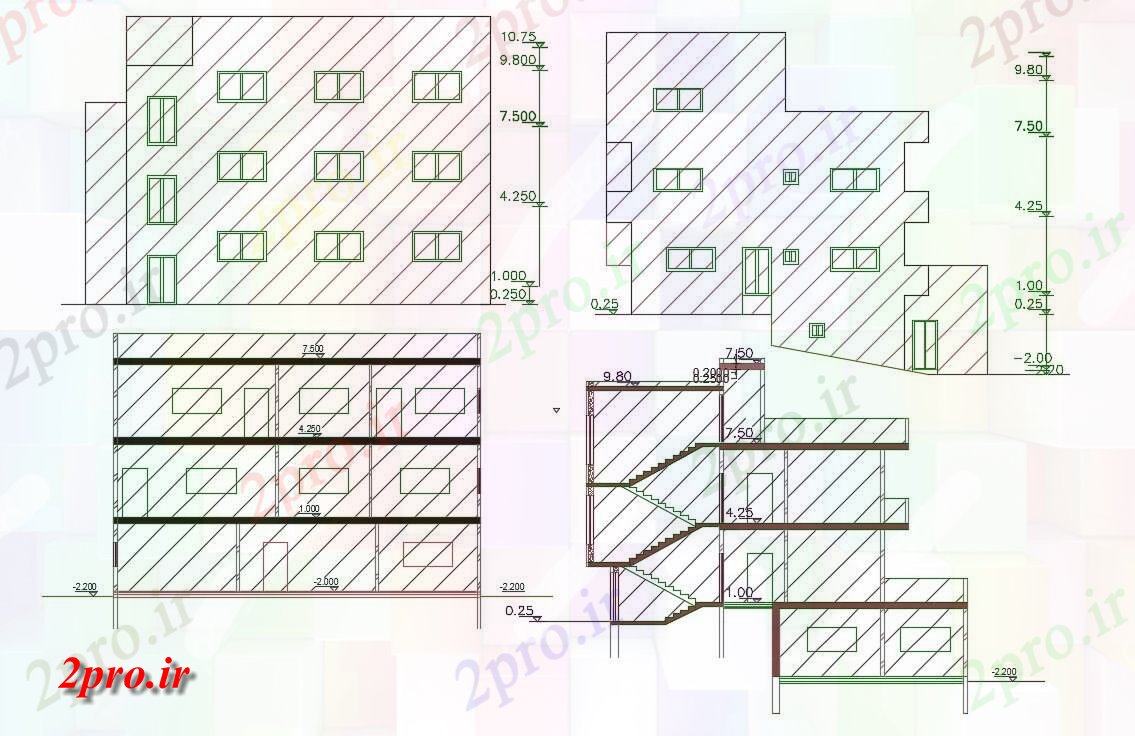 دانلود نقشه مسکونی  ، ویلایی ، آپارتمان  سطحی آپارتمان   بخش ساختمان و نما طراحی (کد156430)