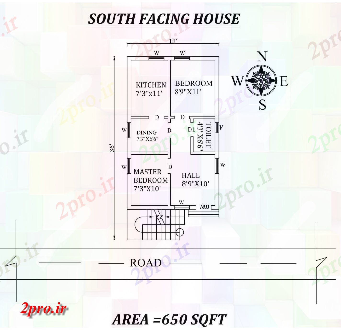 دانلود نقشه مسکونی ، ویلایی ، آپارتمان x36، 2bhk جنوبی مواجه خانه طرحی به عنوان در هر Vastu Shastra هستند اصول، اتوکد جزئیات 5 در 8 متر (کد156530)