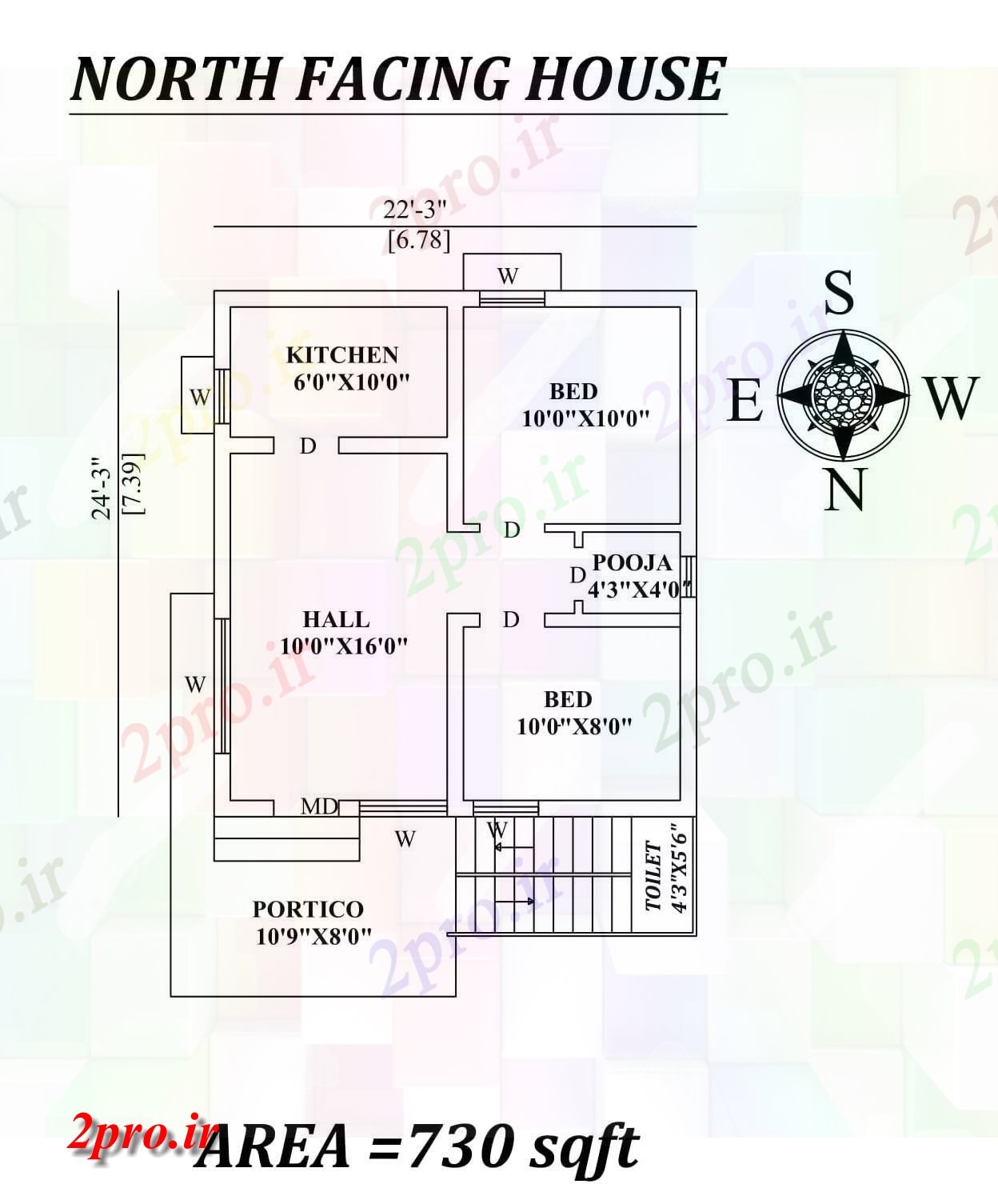 دانلود نقشه مسکونی ، ویلایی ، آپارتمان x24 'شگفت انگیز شمالی طرحی خانه 2bhk به عنوان در هر Vastu Shastra هستند PDF و اطلاعات 6 در 7 متر (کد156539)