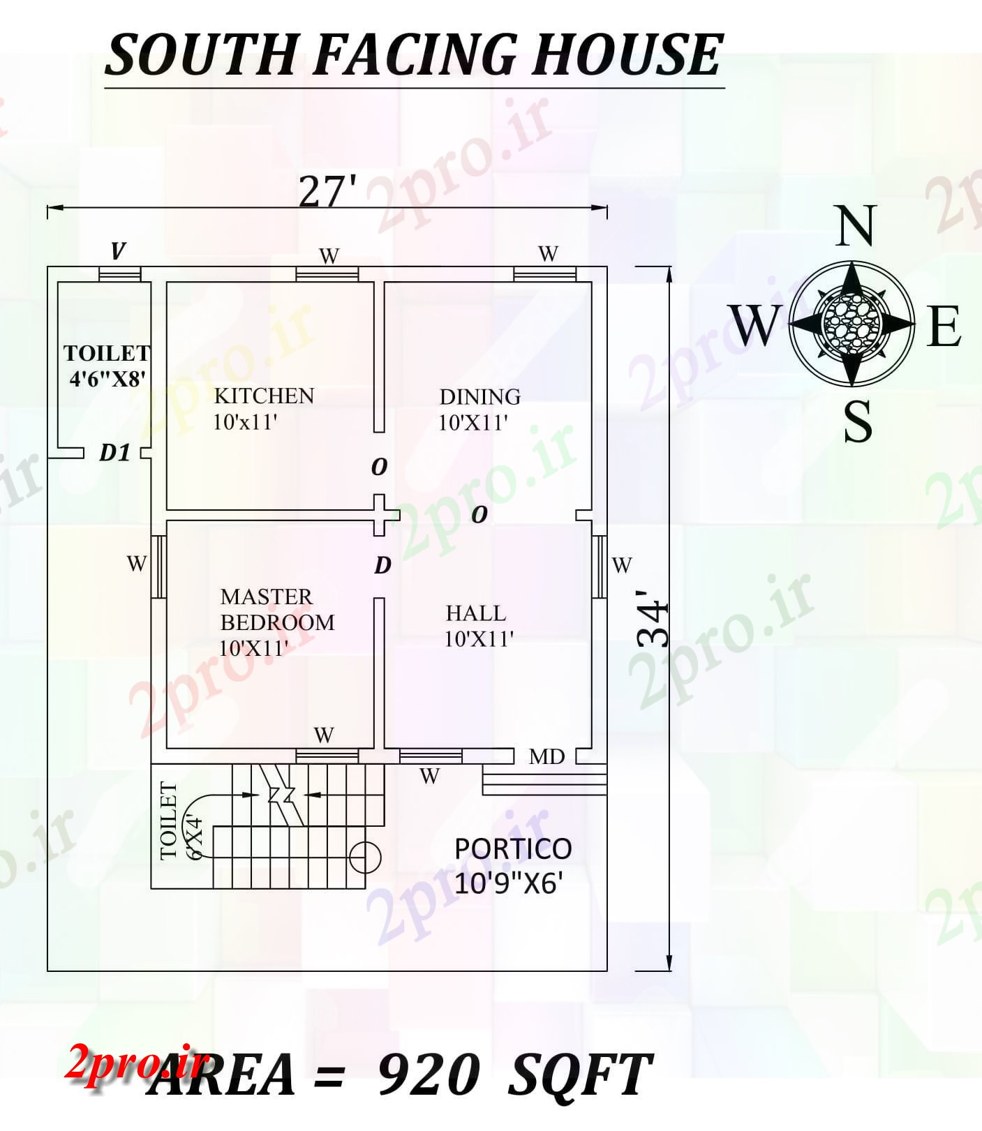 دانلود نقشه مسکونی ، ویلایی ، آپارتمان x34 تک BHK رو به جنوب خانه طرحی به عنوان در هر Vastu Shastra هستند اتوکد جزئیات 7 در 7 متر (کد156542)