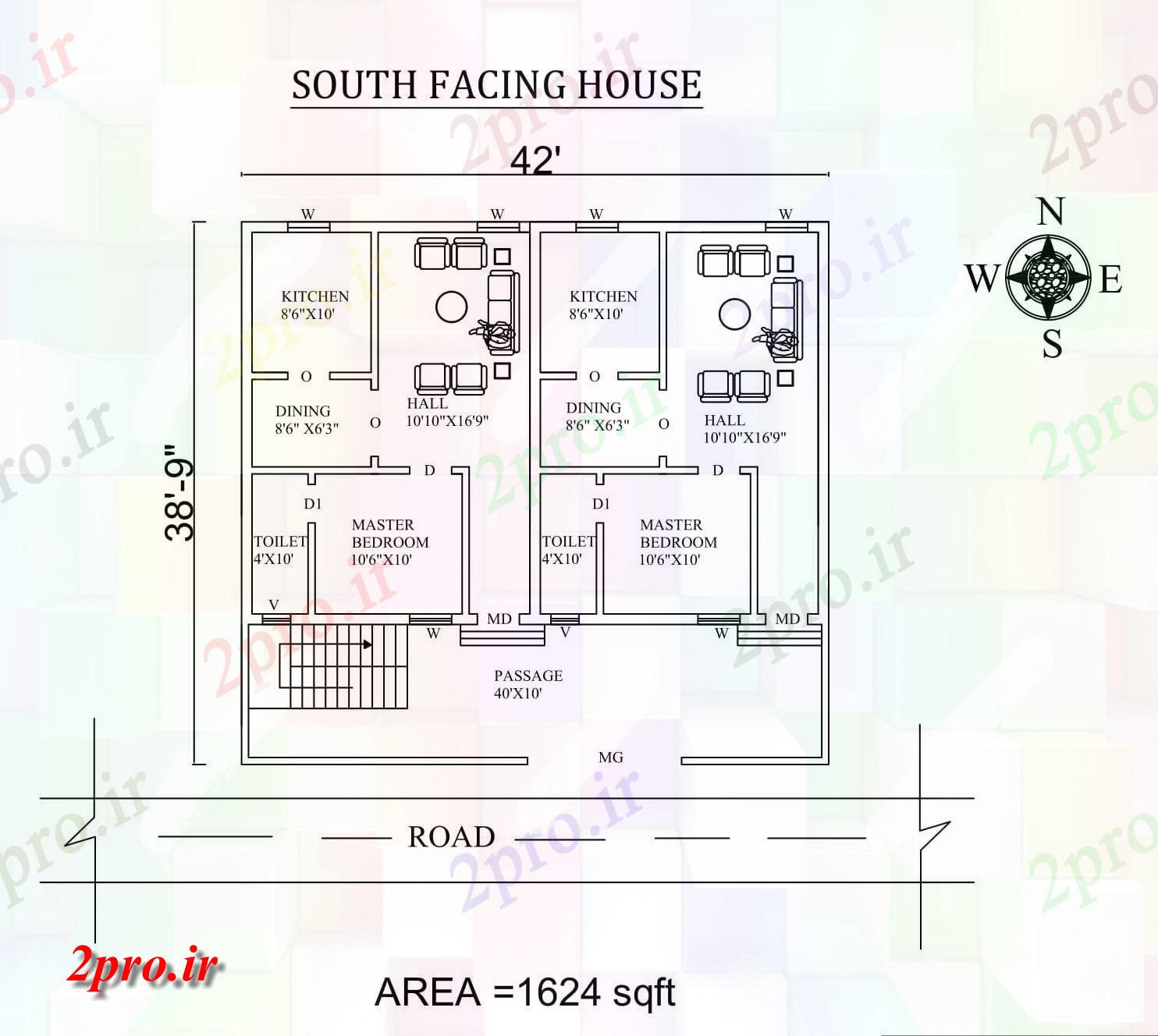 دانلود نقشه مسکونی ، ویلایی ، آپارتمان x 38'9 رو به جنوب تنها BHK طرحی خانه دوگانه به عنوان در هر Vastu Shastra هستند، اتوکد و PDF اطلاعات 8 در 12 متر (کد156557)