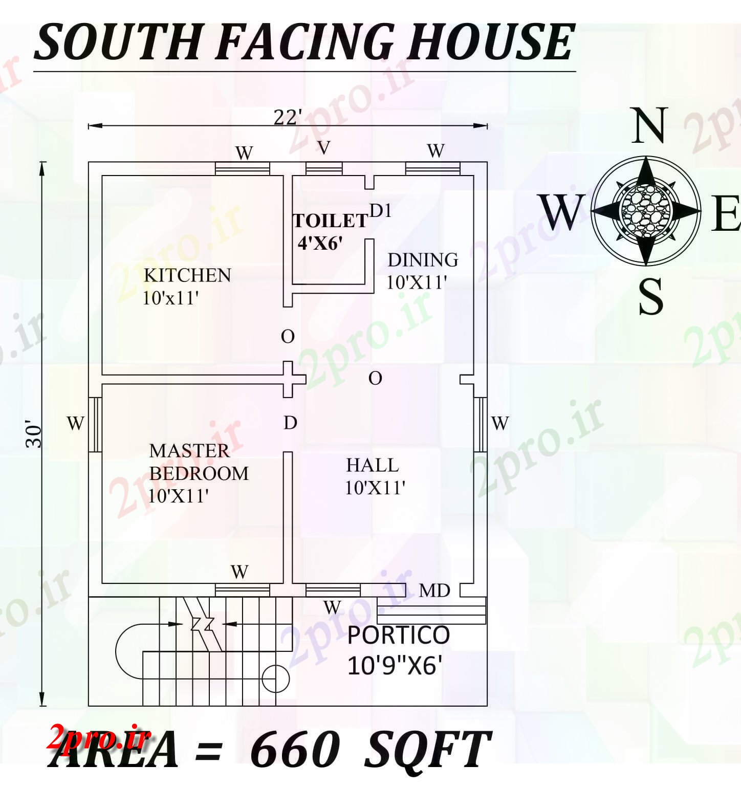 دانلود نقشه مسکونی ، ویلایی ، آپارتمان x 30 'رو به جنوب طرحی خانه BHK تنها به عنوان در هر Vastu Shastra هستند، جزئیات 6 در 7 متر (کد156648)