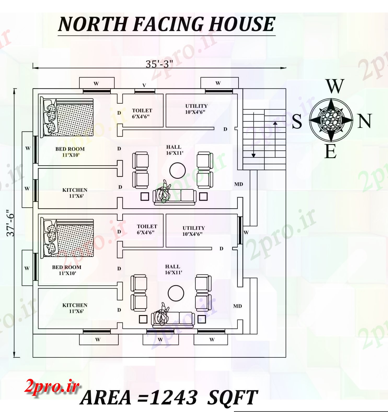 دانلود نقشه مسکونی ، ویلایی ، آپارتمان 3 X 37'6 تنها BHK شمالی دو خانه طرحی به عنوان در هر Vastu Shastra هستند، اتوکد جزئیات طراحی 8 در 10 متر (کد156649)