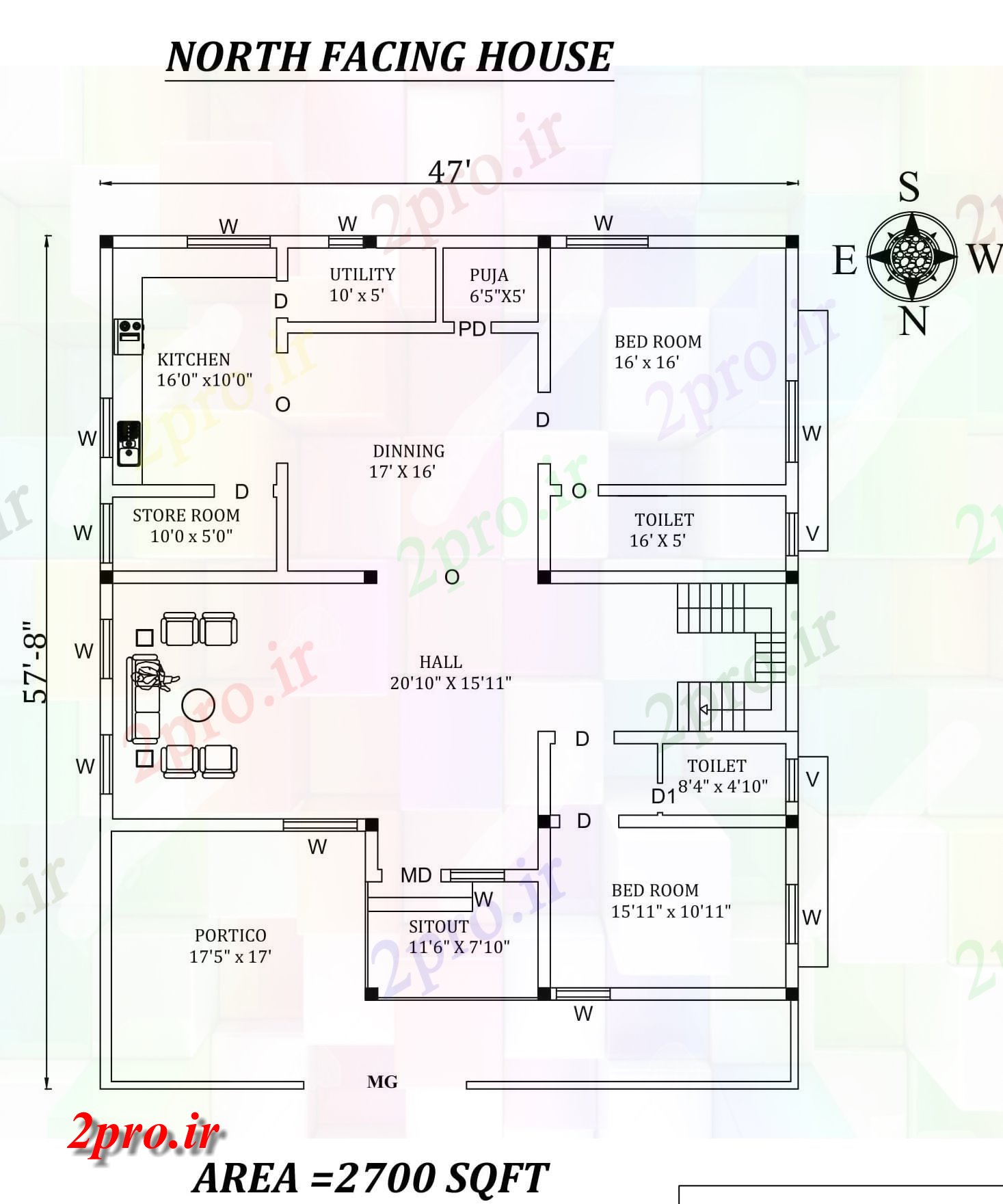 دانلود نقشه مسکونی ، ویلایی ، آپارتمان x57'8 شگفت انگیز شمالی طرحی خانه 2bhk به عنوان در هر Vastu Shastra هستند، اتوکد و PDF اطلاعات 13 در 15 متر (کد156652)