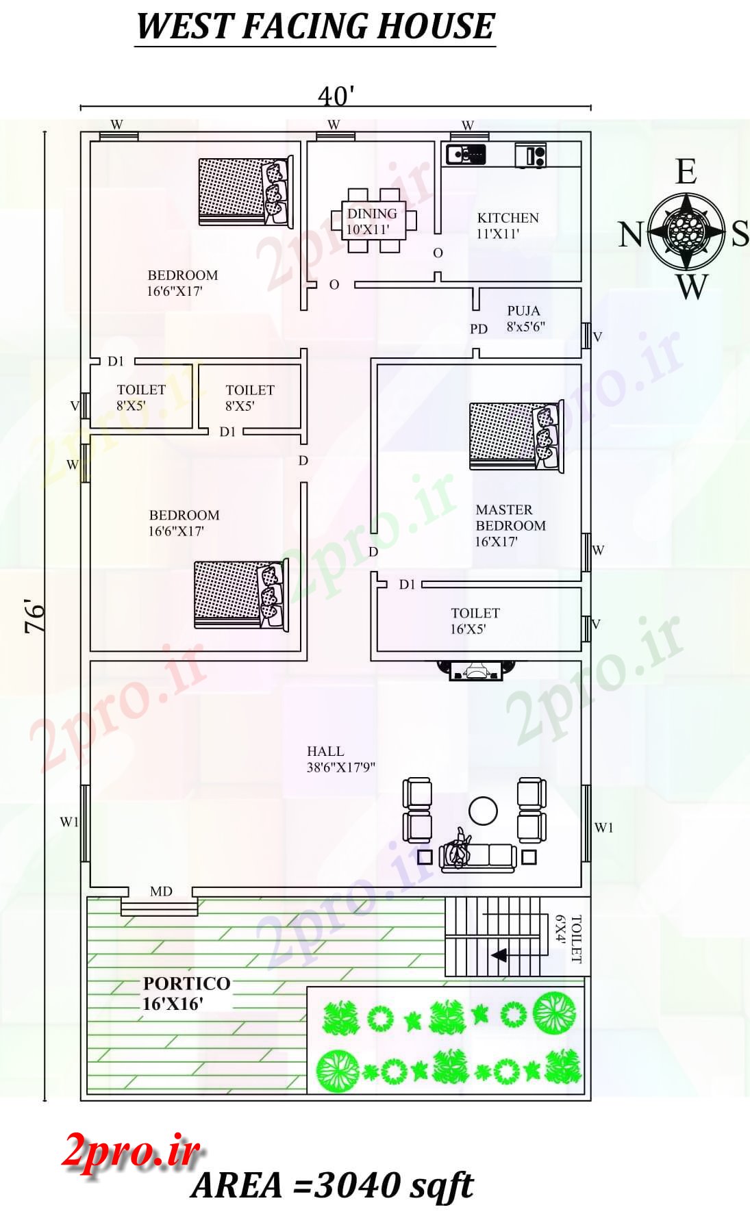 دانلود نقشه مسکونی ، ویلایی ، آپارتمان BHK غرب در مواجهه با طرحی خانه به عنوان در هر Vastu Shastra هستند، 11 در 17 متر (کد156662)