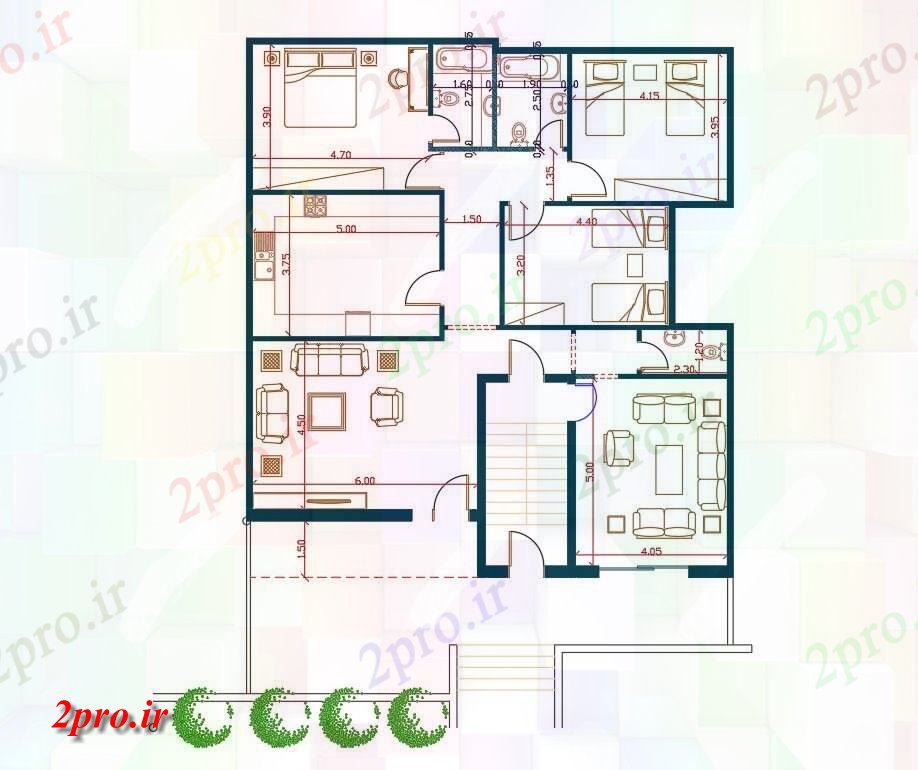 دانلود نقشه خانه های کوچک ، نگهبانی ، سازمانی - BHK خانه مبلمان طرح 12 در 13 متر (کد156689)