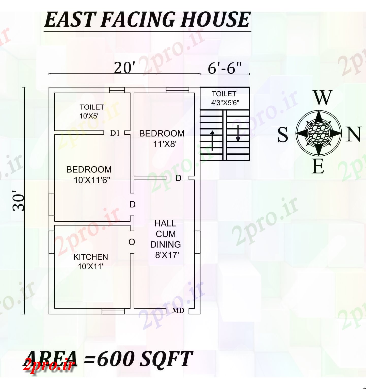 دانلود نقشه مسکونی ، ویلایی ، آپارتمان شگفت انگیز 2bhk شرق 20'x30، مواجه خانه طرحی به عنوان در هر Vastu Shastra هستند جزئیات 5 در 8 متر (کد156713)