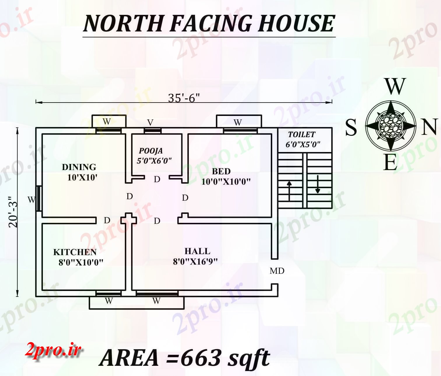 دانلود نقشه مسکونی ، ویلایی ، آپارتمان 6 X 20'3 تنها BHK شمالی خانه طرحی به عنوان در هر Vastu Shastra هستند، اتوکد جزئیات 5 در 8 متر (کد156714)