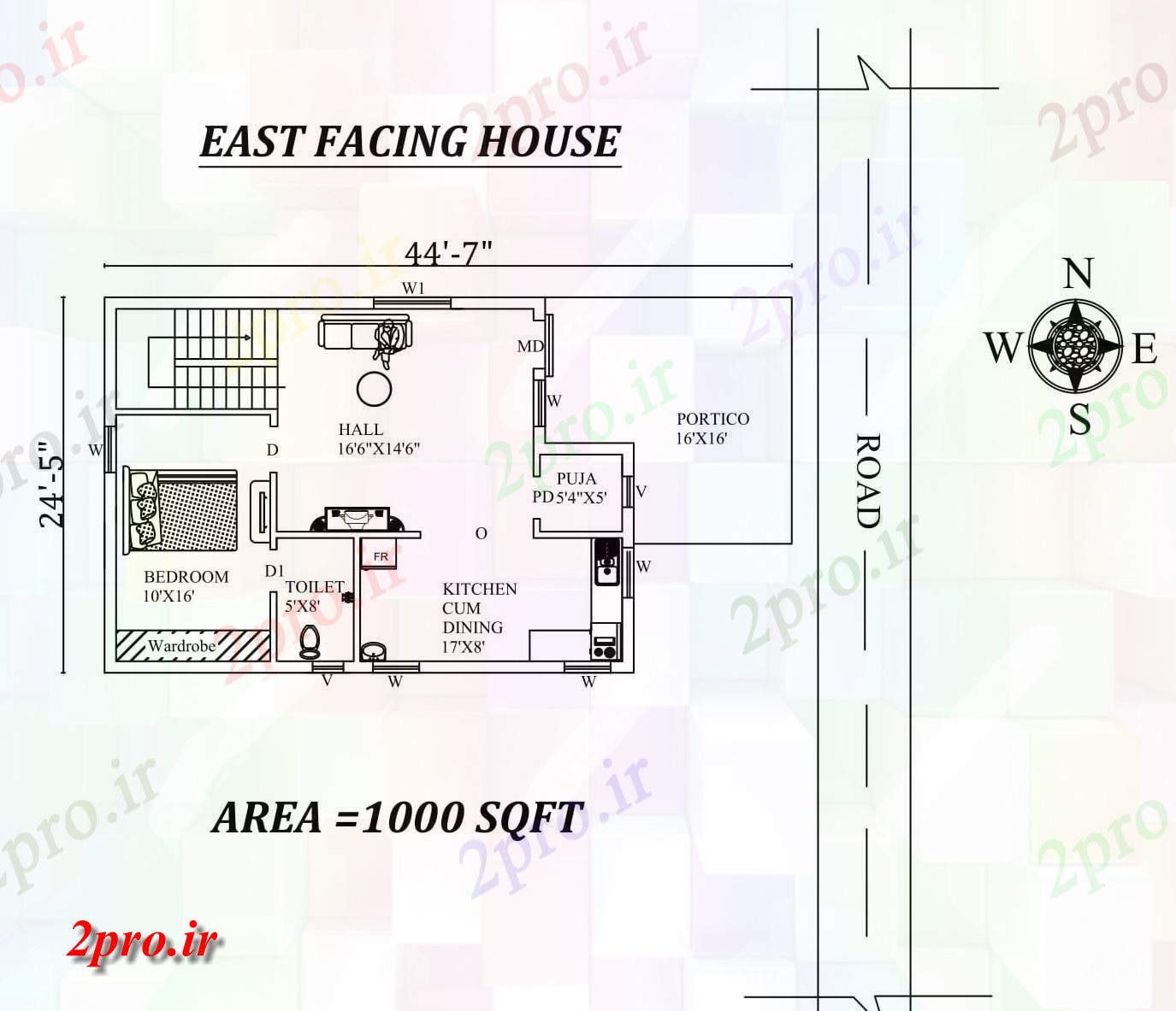 دانلود نقشه مسکونی ، ویلایی ، آپارتمان 7 X 24'5 تنها BHK شرق مواجه کوچک خانه طرحی به عنوان در هر Vastu Shastra هستند، اطلاعات 7 در 10 متر (کد156738)