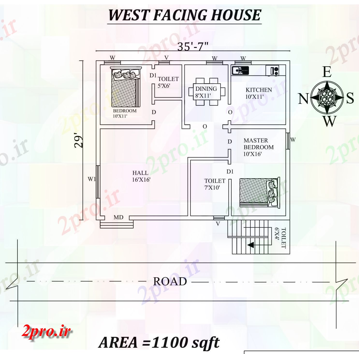 دانلود نقشه مسکونی ، ویلایی ، آپارتمان 7 x29 2bhk رو به مغرب خانه طرحی به عنوان در هر Vastu Shastra هستند، اطلاعات 8 در 10 متر (کد156740)