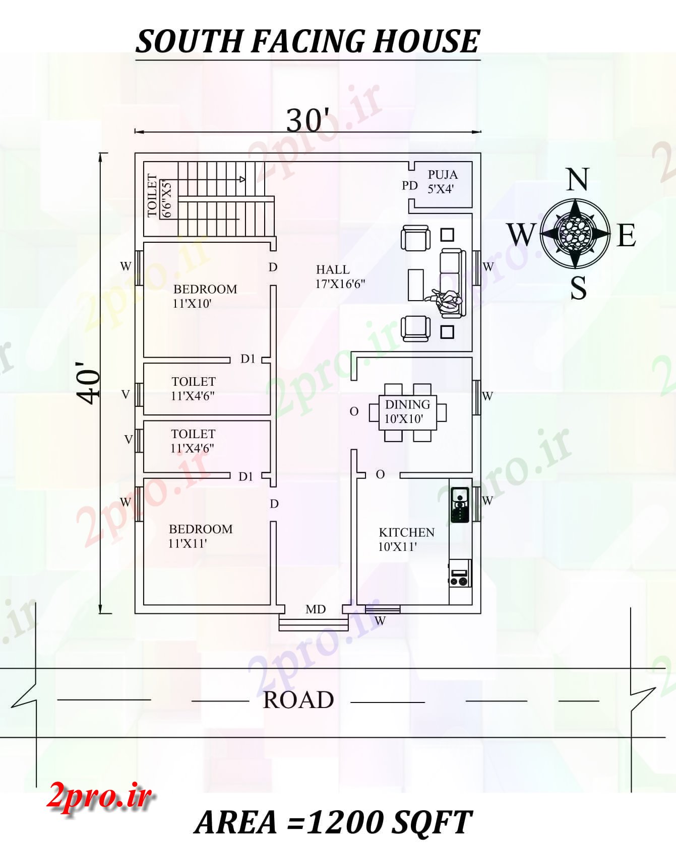 دانلود نقشه مسکونی ، ویلایی ، آپارتمان x40، 2bhk عالی جنوبی مواجه خانه طرحی به عنوان در هر Vastu Shastra هستند، اطلاعات 8 در 11 متر (کد156741)