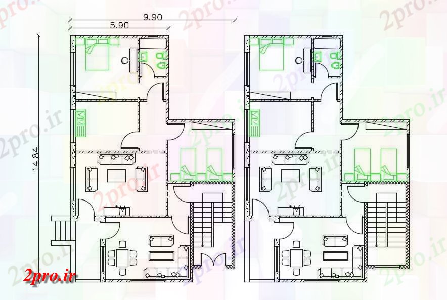 دانلود نقشه خانه های کوچک ، نگهبانی ، سازمانی - X 48 خانه مبلمان طرحی 9 در 14 متر (کد156742)