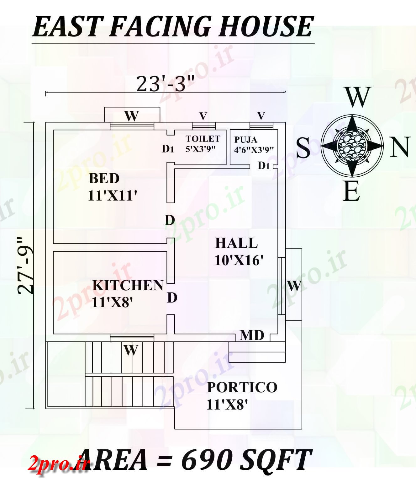 دانلود نقشه مسکونی ، ویلایی ، آپارتمان 3 x27'9 شگفت انگیز شرق روبرو تنها BHK خانه طرحی به عنوان در هر Vasthu شرا اتوکد اطلاعات 6 در 6 متر (کد156764)