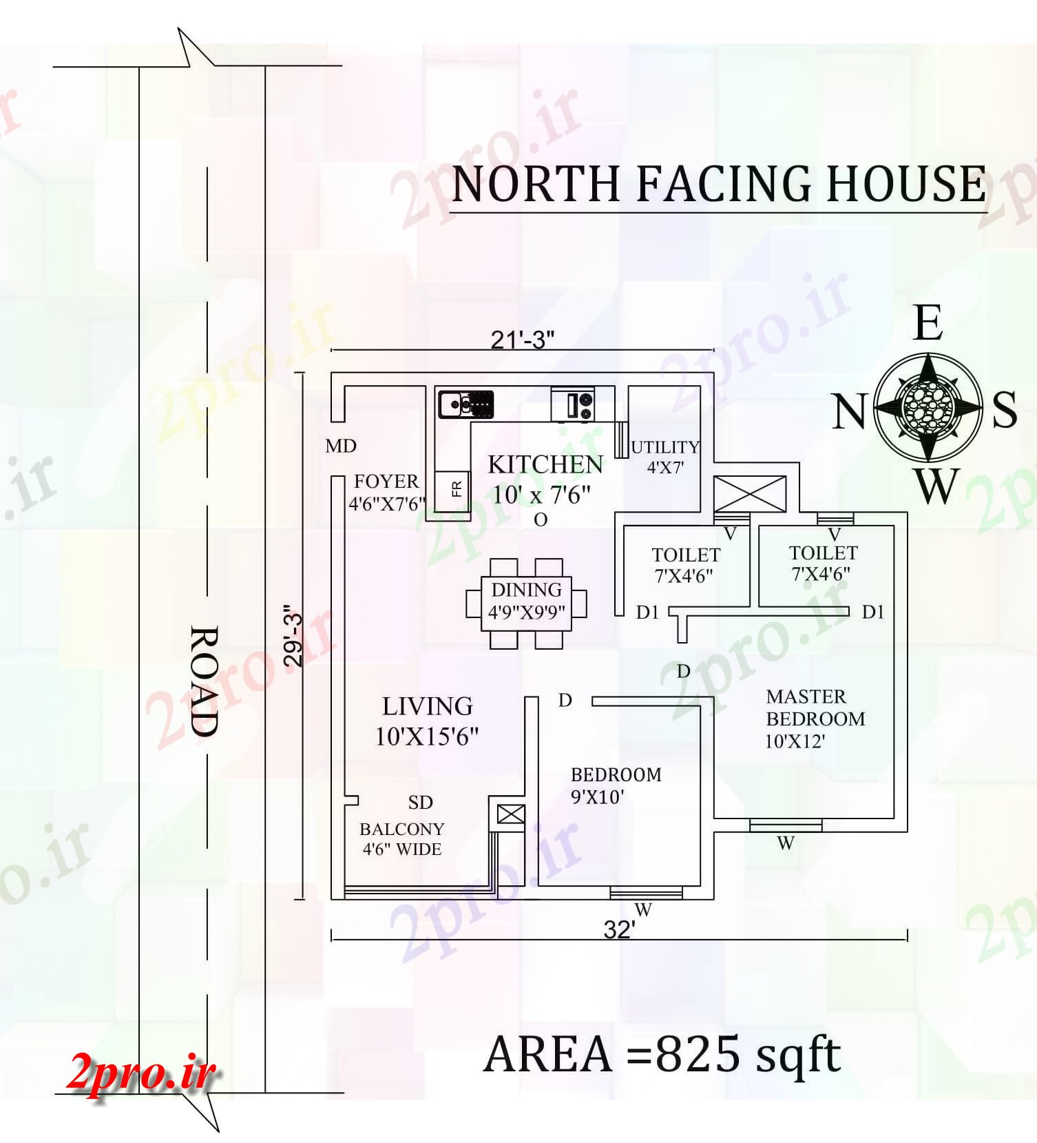 دانلود نقشه مسکونی ، ویلایی ، آپارتمان شگفت انگیز شمالی 32'x29، مواجه طرحی خانه 2bhk به عنوان در هر Vastu را Shastra اطلاعات 8 در 9 متر (کد156769)