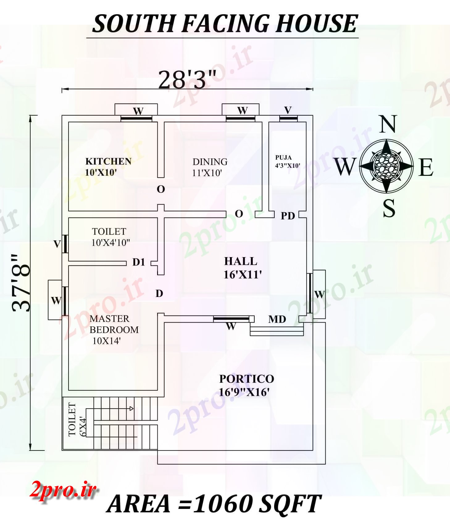 دانلود نقشه مسکونی ، ویلایی ، آپارتمان 3 x37'8 1bhk جنوبی مواجه خانه طرحی به عنوان در هر Vastu Shastra هستند، اتوکد و PDF جزئیات 8 در 0 متر (کد156771)