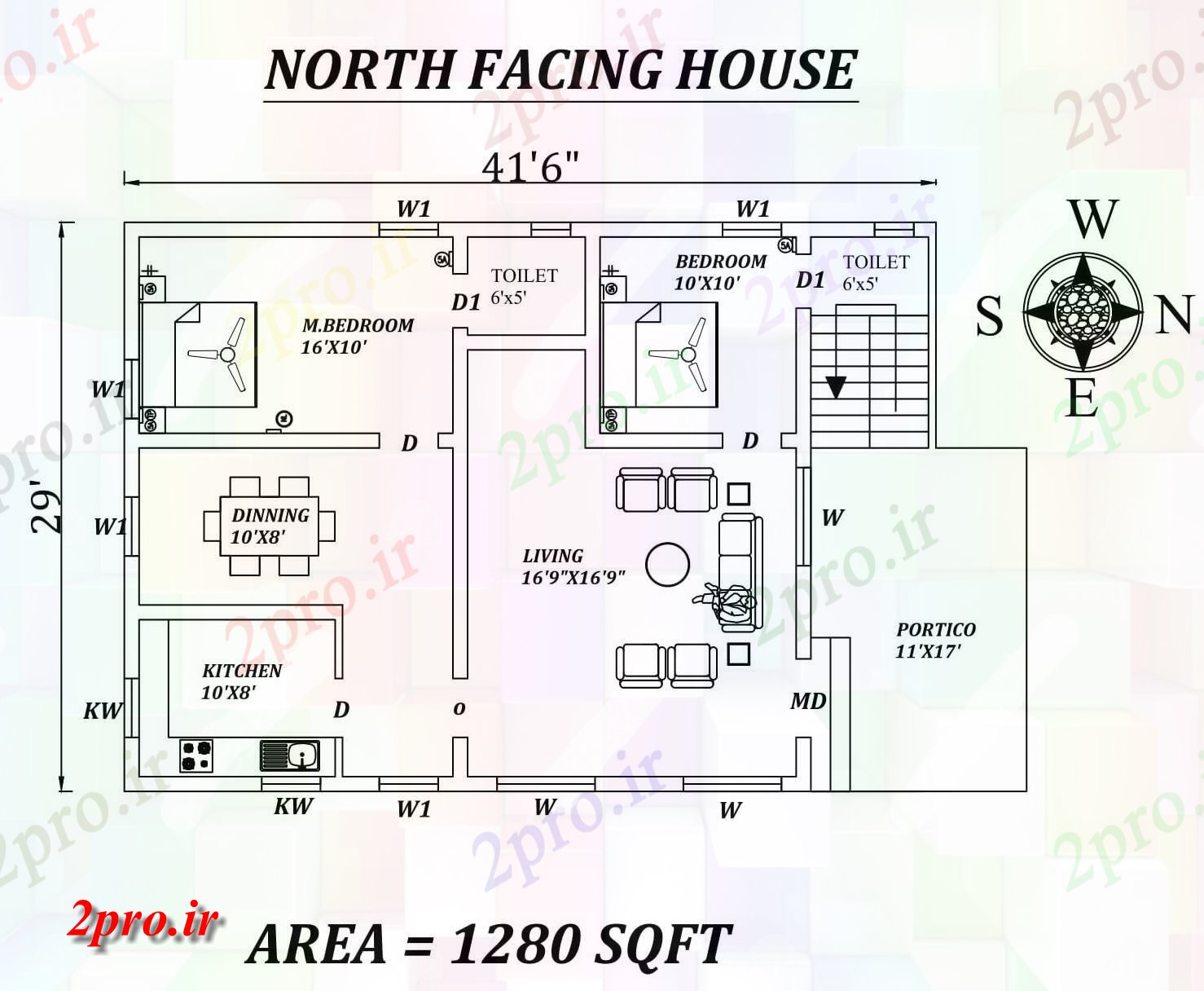 دانلود نقشه مسکونی ، ویلایی ، آپارتمان 6 x29 2bhk شمالی رو به خانه طرحی به عنوان در هر Vastu Shastra هستند، اتوکد و PDF اطلاعات 8 در 12 متر (کد156772)