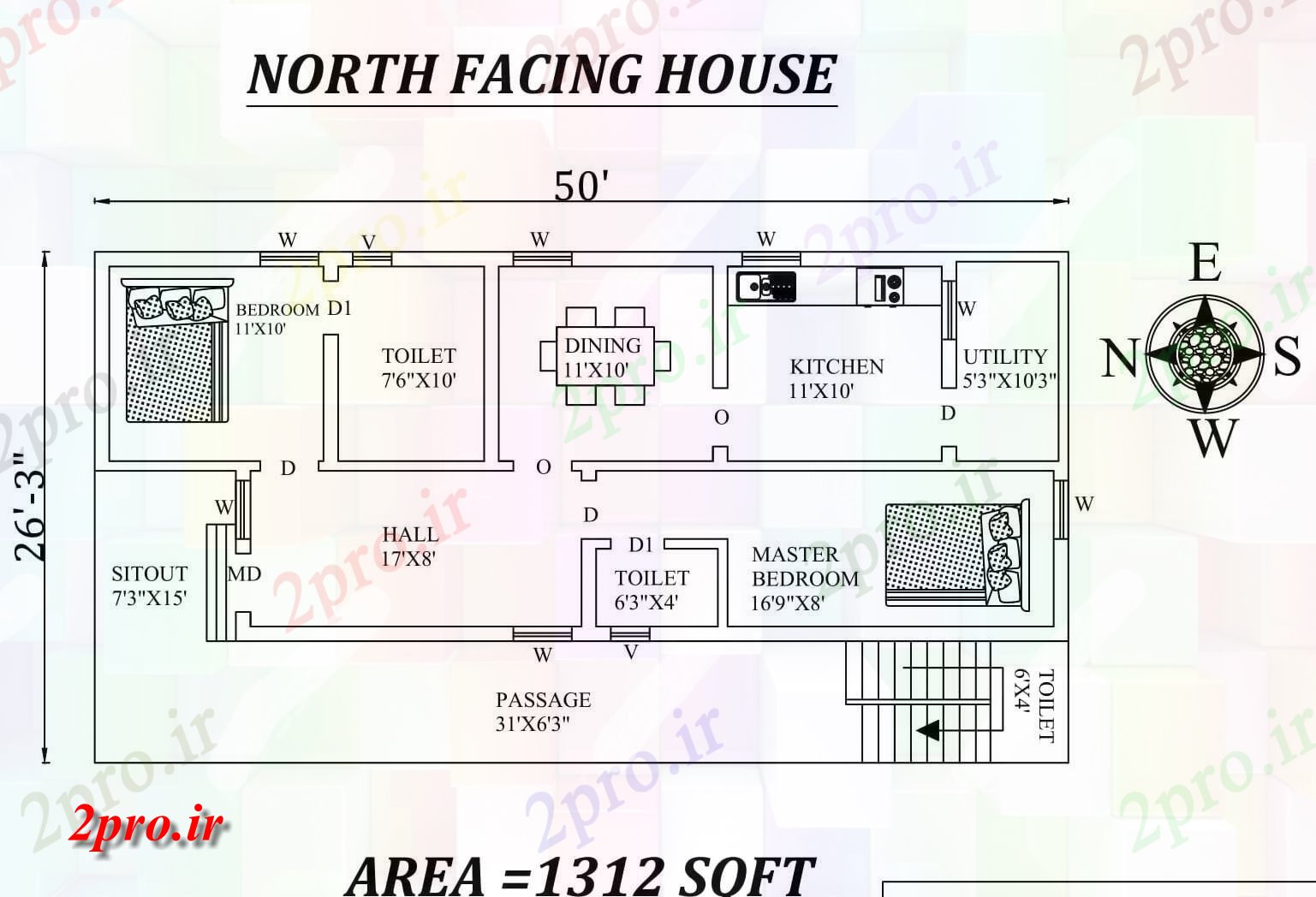 دانلود نقشه مسکونی ، ویلایی ، آپارتمان x26'3 2bhk شمالی رو به خانه طرحی به عنوان در هر Vastu Shastra هستند، اطلاعات 5 در 14 متر (کد156774)