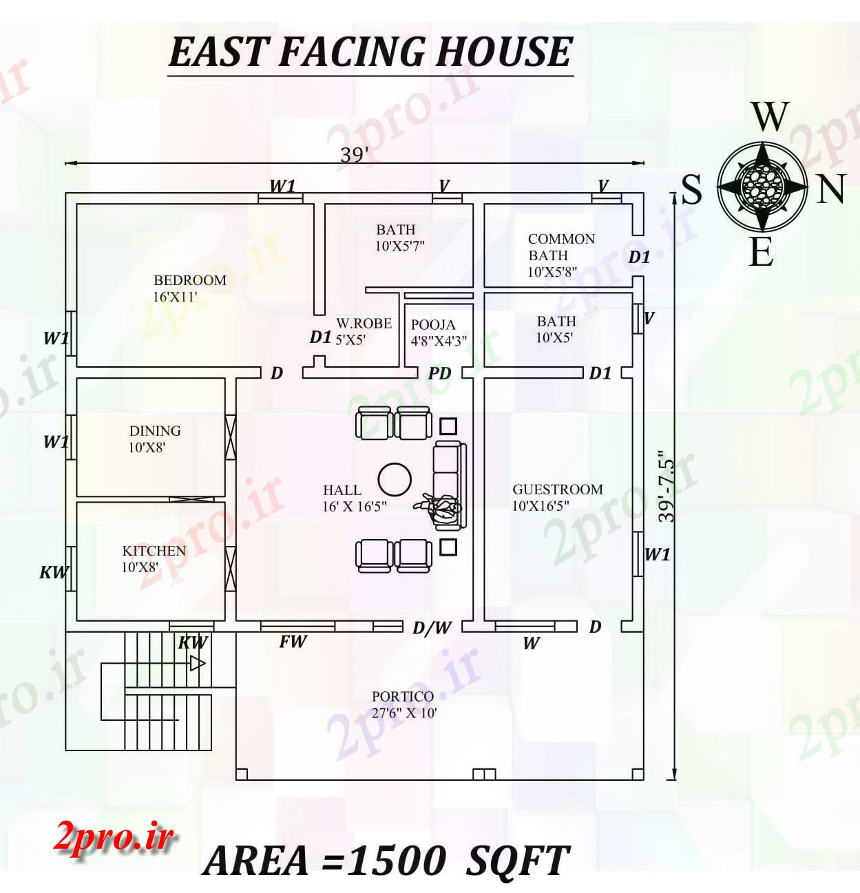 دانلود نقشه مسکونی ، ویلایی ، آپارتمان شگفت انگیز 2bhk شرق 39'x39، مواجه خانه طرحی به عنوان در هر Vastu Shastra هستند، اتوکد جزئیات 8 در 11 متر (کد156785)