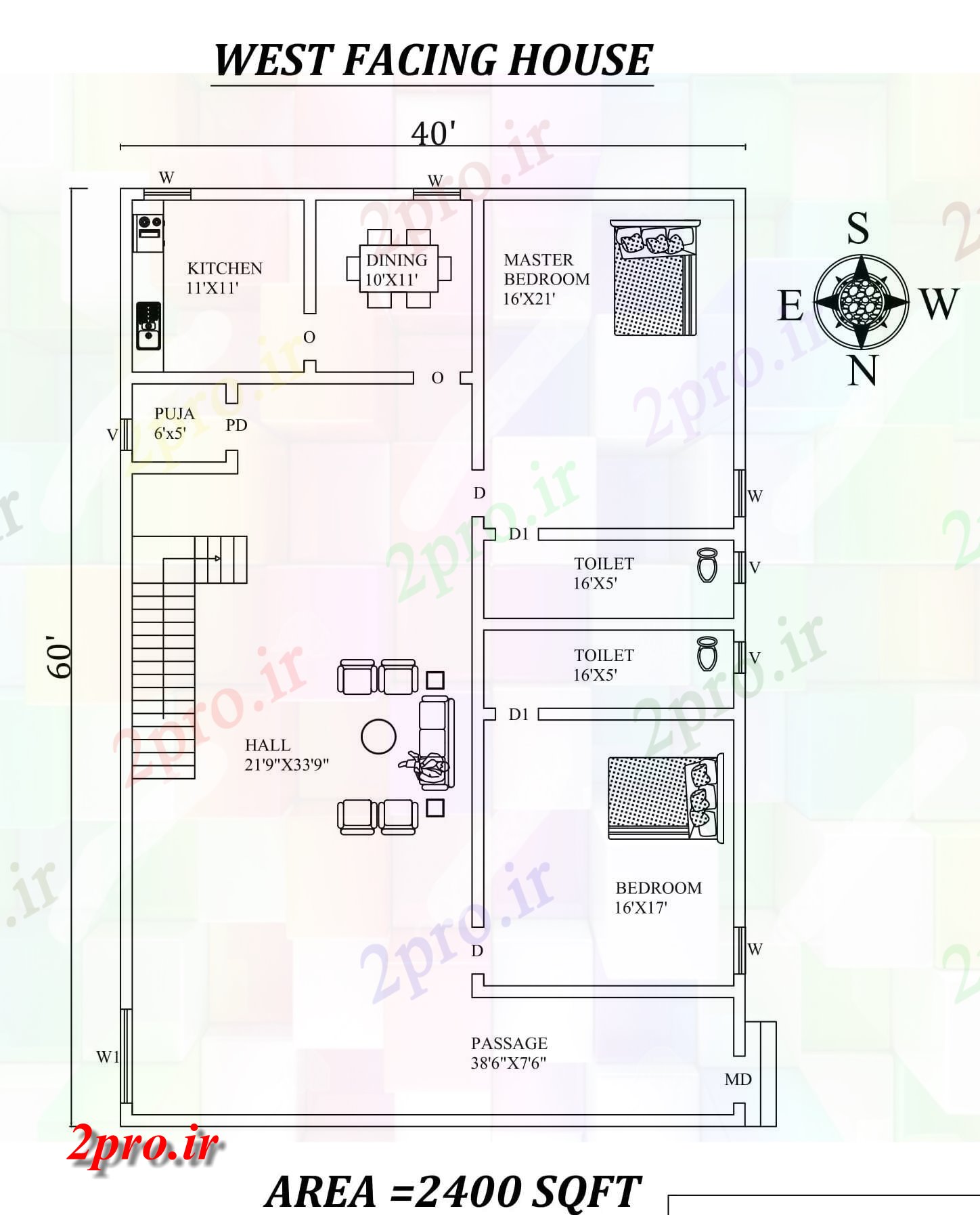 دانلود نقشه مسکونی ، ویلایی ، آپارتمان x60 '2 BHK غرب در مواجهه با مجلس طرحی به عنوان در هر Vastu Shastra هستند، اتوکد اطلاعات 11 در 17 متر (کد156787)