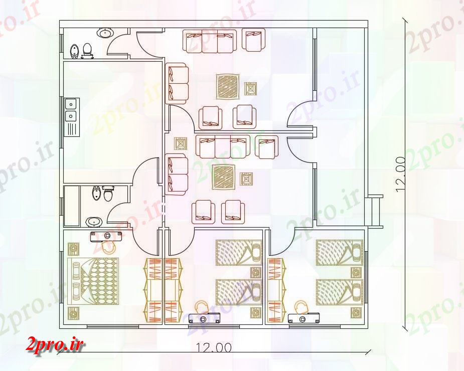 دانلود نقشه مسکونی ، ویلایی ، آپارتمان فوت مربع طرحی خانه طراحی مبلمان 12 در 12 متر (کد156828)