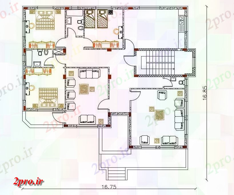 دانلود نقشه خانه های کوچک ، نگهبانی ، سازمانی - BHK خانه مدرن مبلمان طراحی 16 در 16 متر (کد156830)