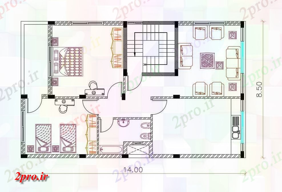 دانلود نقشه مسکونی ، ویلایی ، آپارتمان توسط 45 فوت خانه مبلمان طرحی 8 در 14 متر (کد156847)