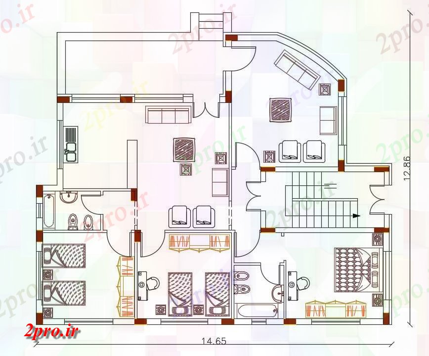 دانلود نقشه مسکونی ، ویلایی ، آپارتمان X 48 فوت خانه مبلمان طرح 12 در 14 متر (کد156863)