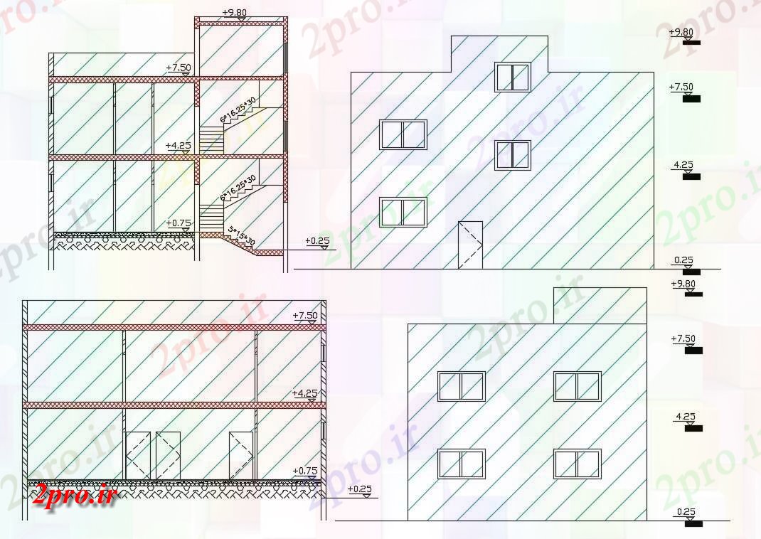 دانلود نقشه مسکونی  ، ویلایی ، آپارتمان  جلو و سمت  خانه طراحی ساختمان  (کد156873)