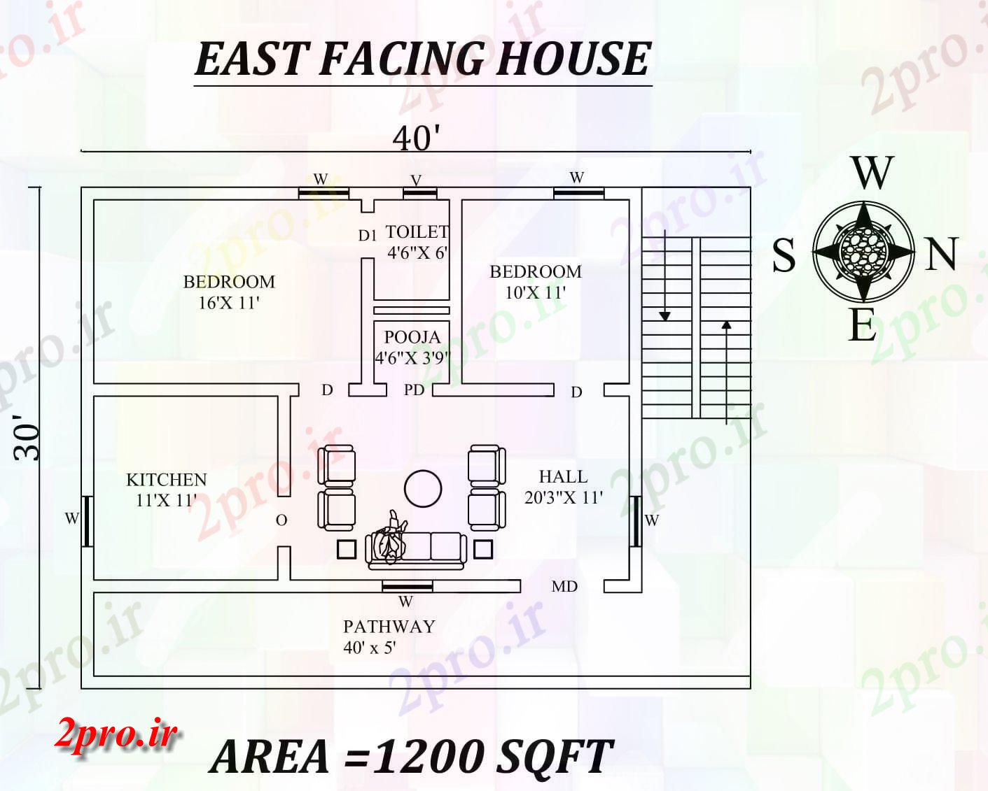 دانلود نقشه مسکونی ، ویلایی ، آپارتمان کامل 2bhk شرق 40'x30، مواجه خانه طرحی به عنوان در هر Vastu Shastra هستند، اتوکد جزئیات 7 در 9 متر (کد156902)