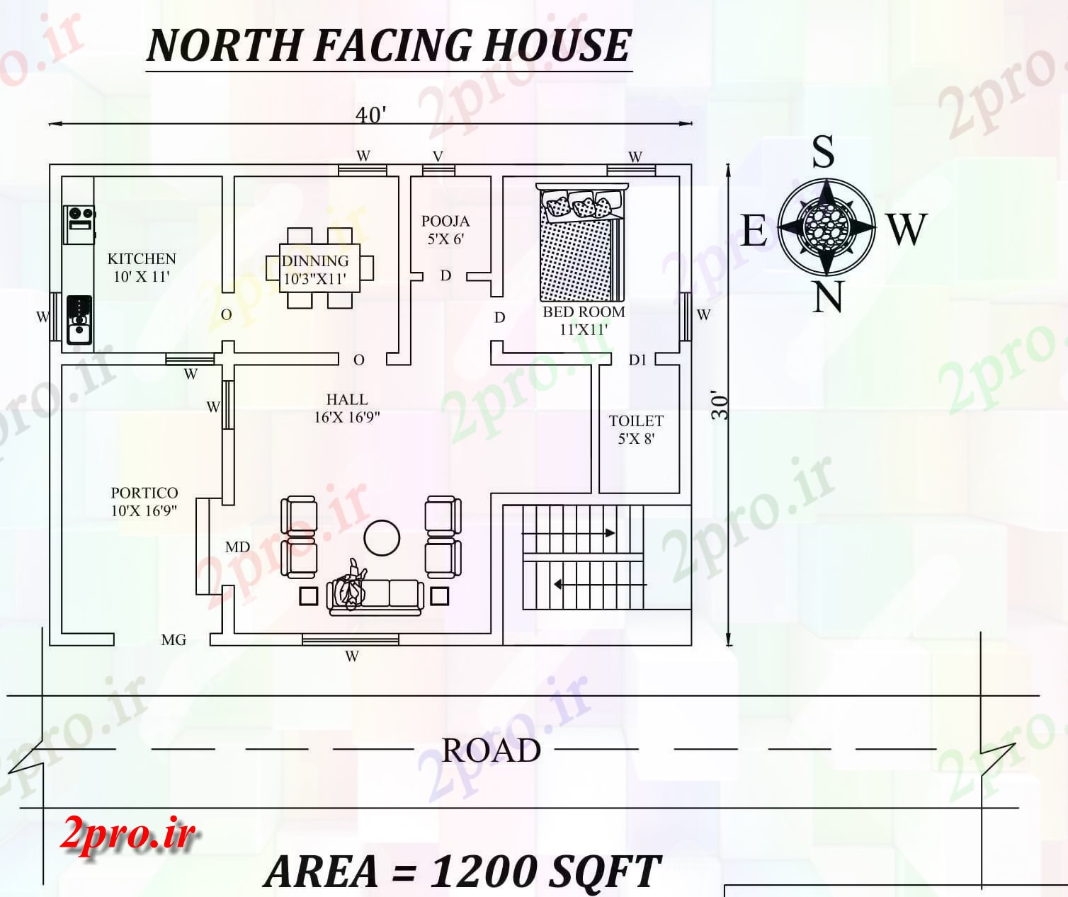 دانلود نقشه مسکونی ، ویلایی ، آپارتمان x30، BHK تنها شگفت انگیز شمالی خانه طرحی به عنوان در هر Vastu Shastra هستند، جزئیات 8 در 11 متر (کد156903)