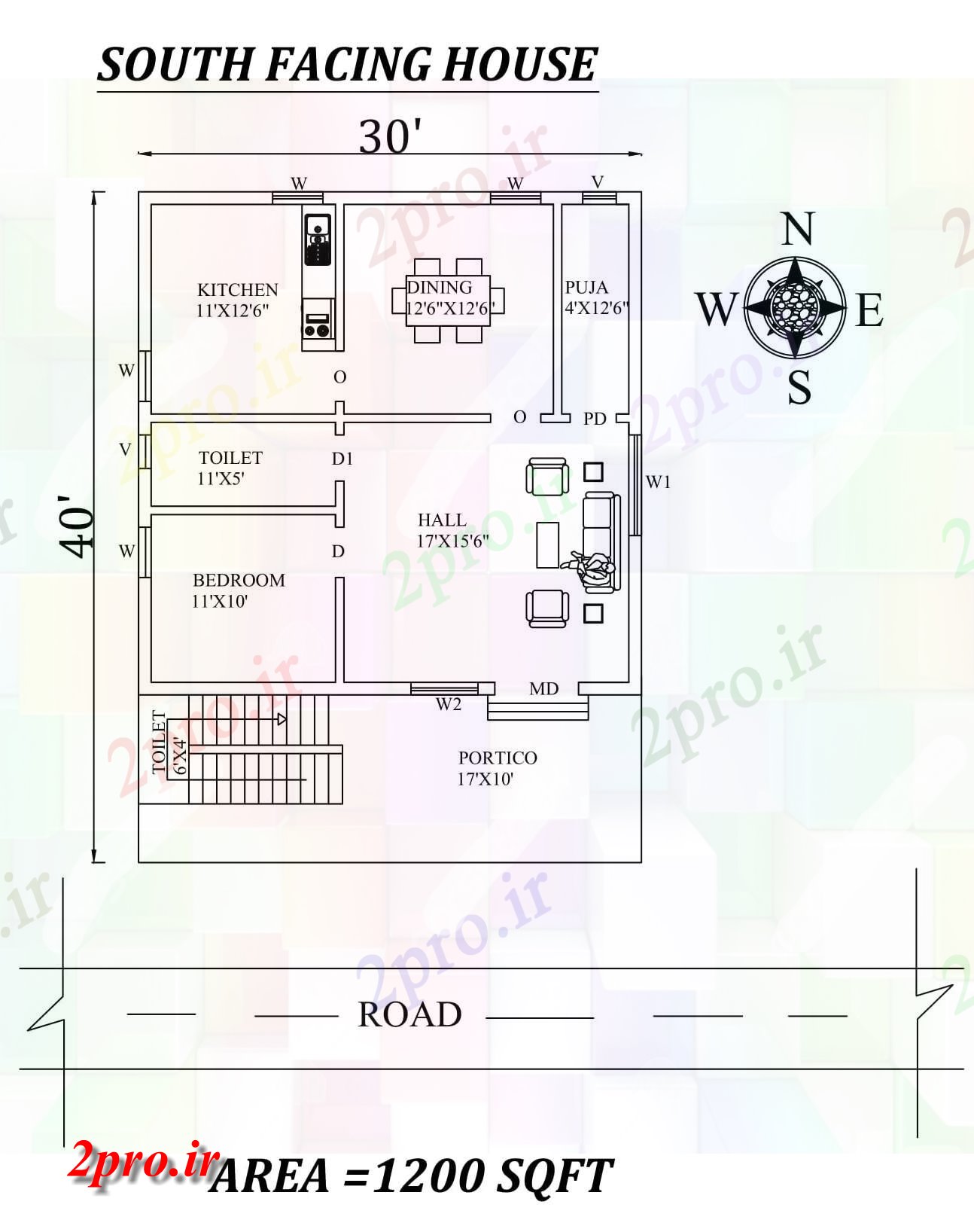 دانلود نقشه مسکونی ، ویلایی ، آپارتمان x40، 1bhk جنوبی مواجه خانه طرحی به عنوان در هر Vastu Shastra هستند، جزئیات 10 در 12 متر (کد156904)