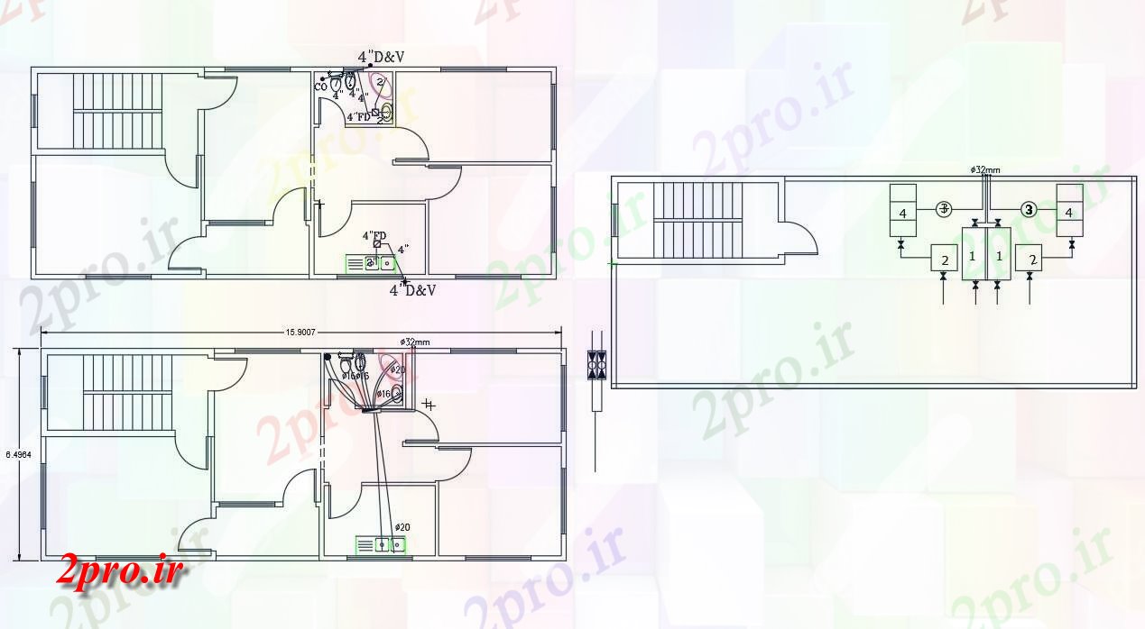 دانلود نقشه مسکونی ، ویلایی ، آپارتمان اتوکد لوله کشی خانه طراحی 6 در 15 متر (کد156926)