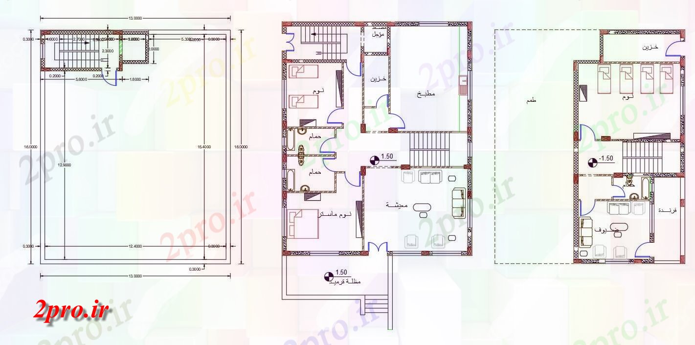 دانلود نقشه مسکونی ، ویلایی ، آپارتمان خانواده خانه 13 در 16 متر (کد156943)