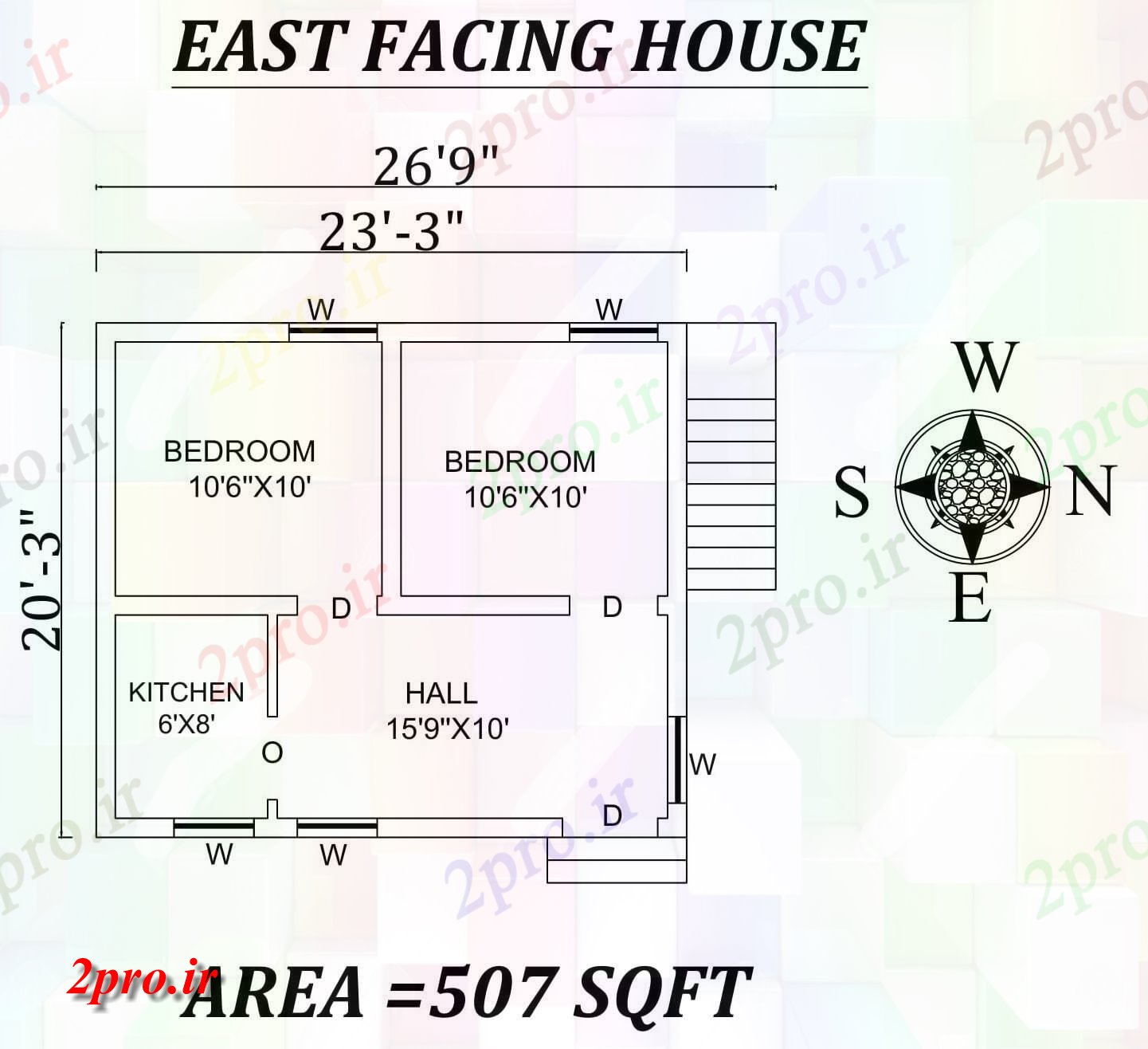 دانلود نقشه مسکونی ، ویلایی ، آپارتمان 9 x20'3 کوچک 2bhk شرق مواجه خانه طرحی به عنوان در هر Vastu را Shastra و جزئیات پی دی اف 5 در 6 متر (کد156950)