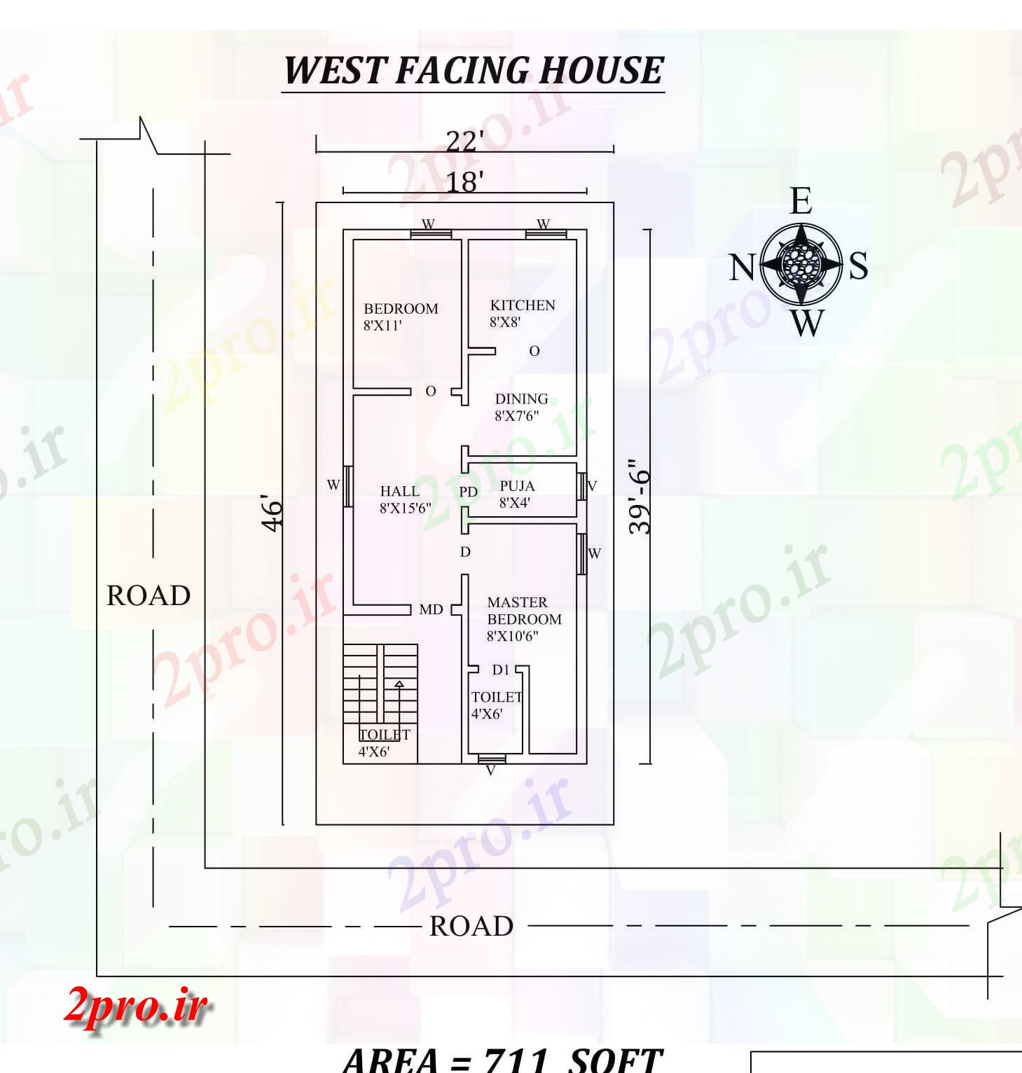 دانلود نقشه مسکونی ، ویلایی ، آپارتمان x46 '2 BHK غرب در مواجهه با مجلس طرحی به عنوان در هر Vastu Shastra هستند، اتوکد و PDF جزئیات 5 در 11 متر (کد156953)