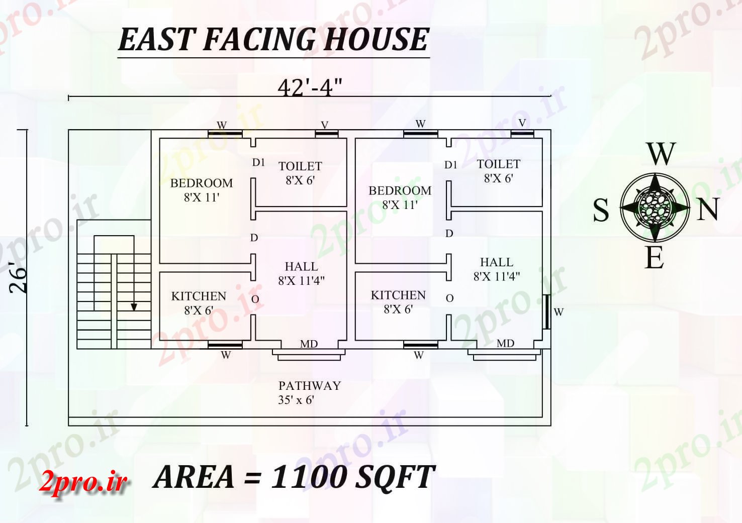 دانلود نقشه مسکونی ، ویلایی ، آپارتمان 4 X 26 تک BHK شرق رو دوگانه خانه طرحی به عنوان در هر Vastu Shastra هستند، اتوکد و PDF جزئیات 8 در 11 متر (کد156955)