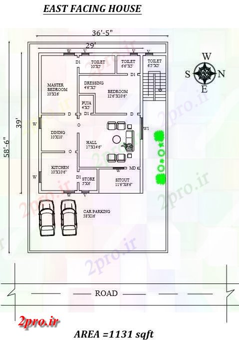 دانلود نقشه مسکونی ، ویلایی ، آپارتمان فوت 5 اینچ X 58 فوت 6 اینچ 2bhk شرق مواجه طرحی خانه برای اتوکد 8 در 11 متر (کد156956)