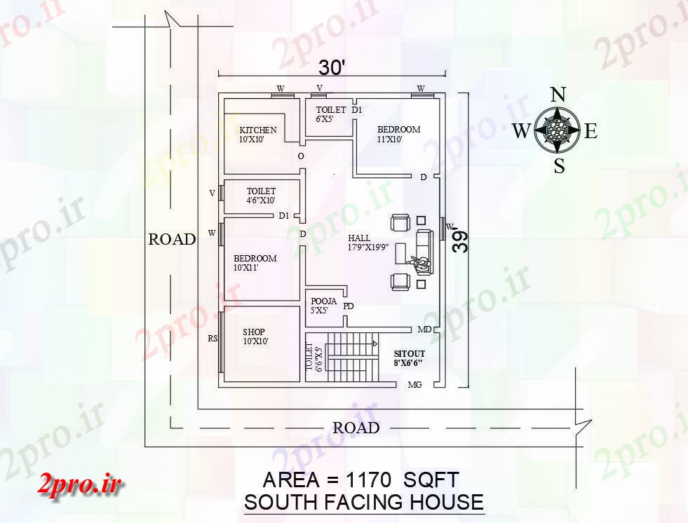 دانلود نقشه مسکونی ، ویلایی ، آپارتمان x39، 2BHK طراحی خانه برای 8 در 11 متر (کد156959)