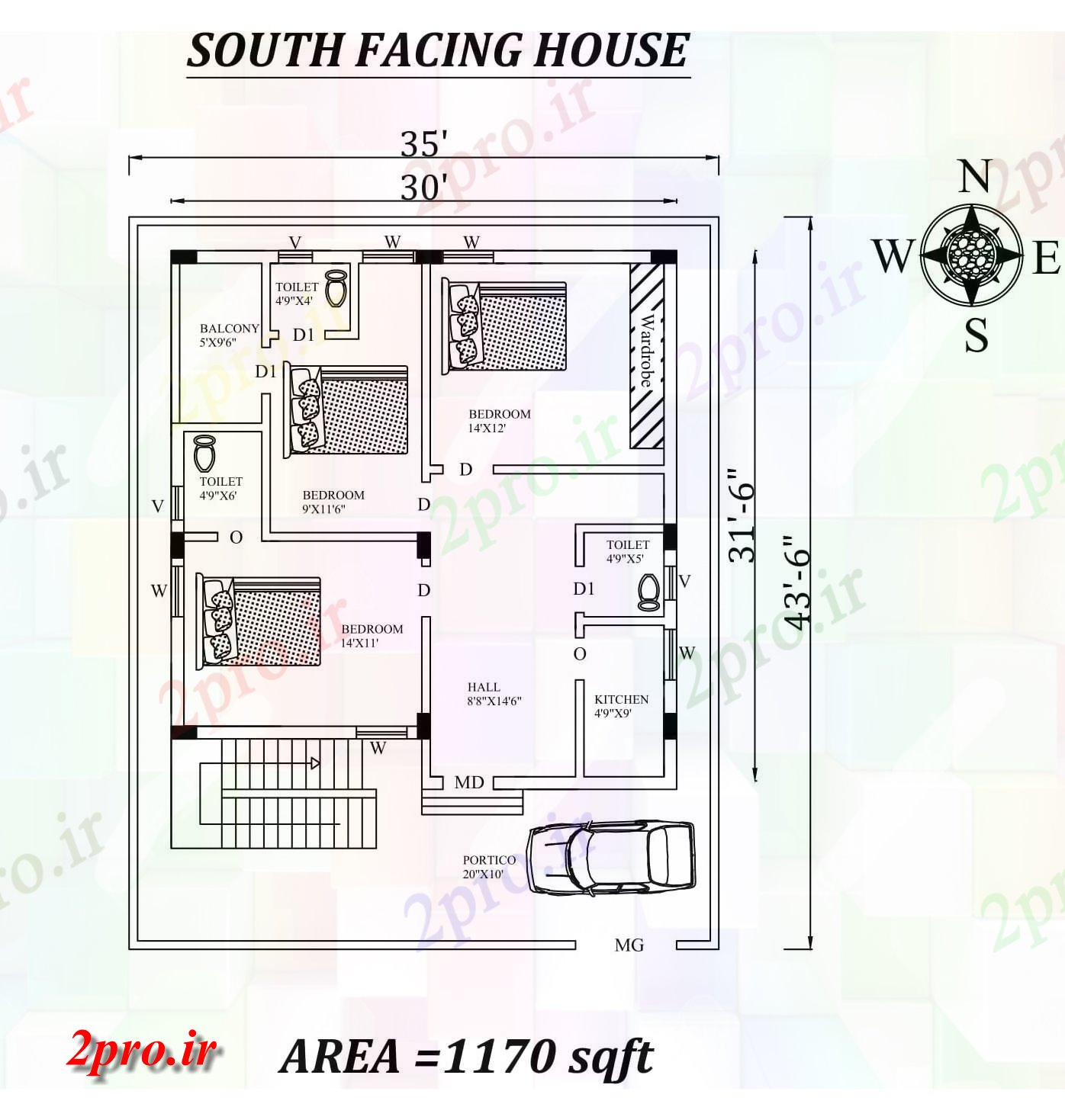 دانلود نقشه مسکونی ، ویلایی ، آپارتمان BHK پر زرق و برق جنوبی 35'x43، مواجه خانه طرحی به 8 در 9 متر (کد156960)