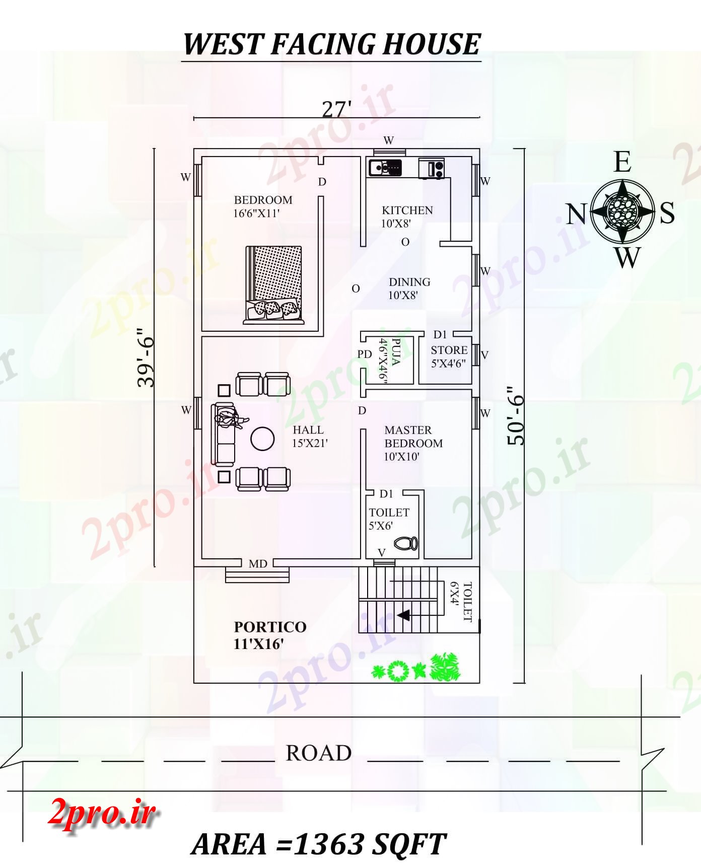 دانلود نقشه مسکونی ، ویلایی ، آپارتمان x39 '2 BHK غرب در مواجهه با مجلس طراحی بندی برای کنید 7 در 11 متر (کد156966)