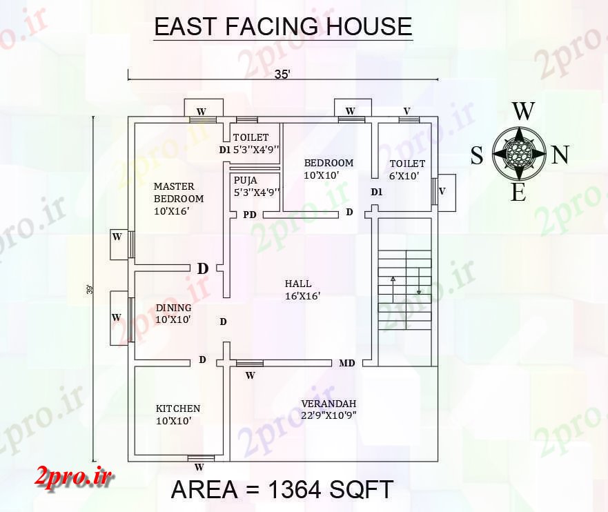 دانلود نقشه مسکونی ، ویلایی ، آپارتمان x39 شرق مواجه طرحی خانه 2BHK 10 در 11 متر (کد156968)