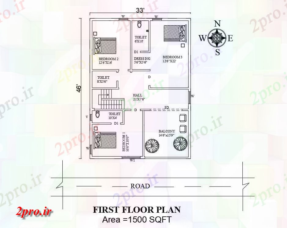 دانلود نقشه مسکونی ، ویلایی ، آپارتمان متفاوت، شکوهمند دوبلکس جنوبی 33'x46، مواجه طرحی طبقه همکف خانه برای 9 در 13 متر (کد156971)