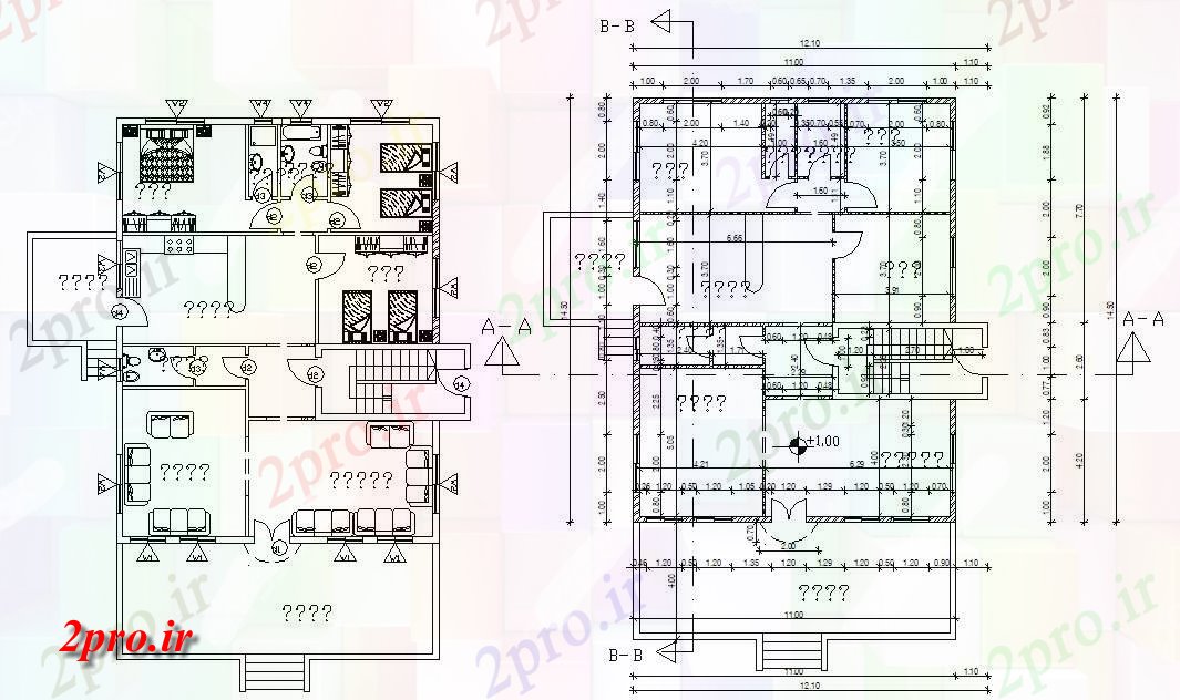 دانلود نقشه خانه های کوچک ، نگهبانی ، سازمانی - X 50 'پا اقامت 3 BHK ویلایی طرح 12 در 14 متر (کد156992)