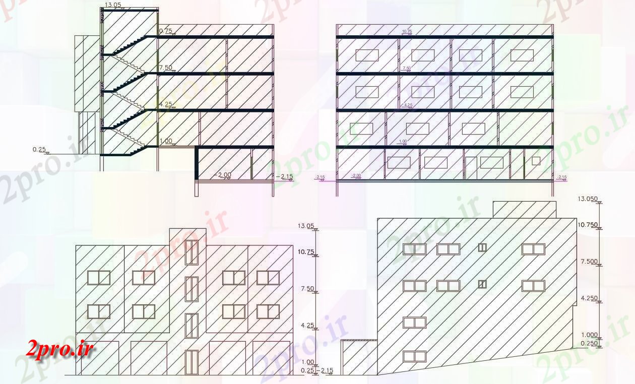 دانلود نقشه مسکونی  ، ویلایی ، آپارتمان  جلو و سمت  آپارتمان   طراحی ساختمان  (کد157012)