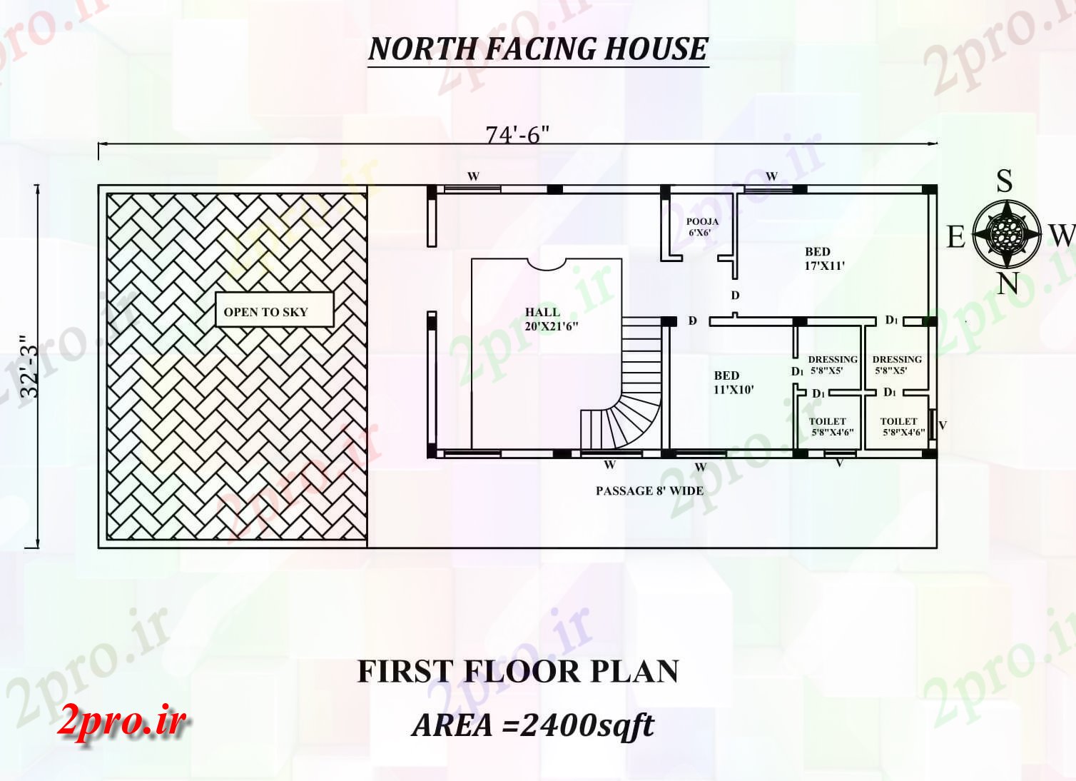 دانلود نقشه مسکونی ، ویلایی ، آپارتمان طبقه 2BHK نخست مجلس 74'x32، حالا 7 در 13 متر (کد157034)