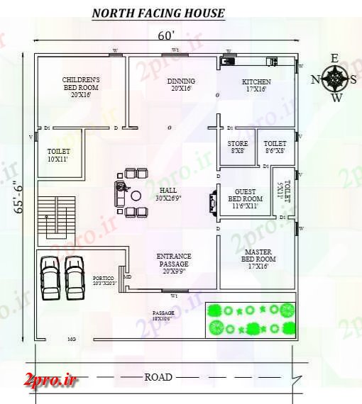 دانلود نقشه مسکونی ، ویلایی ، آپارتمان X65 پا بزرگ 3BHK شمالی مجلس 16 در 17 متر (کد157035)